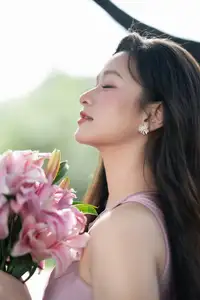 Pure Beauty of a Muse with Pink Lilies: A Peaceful Moment in Nature - image 9