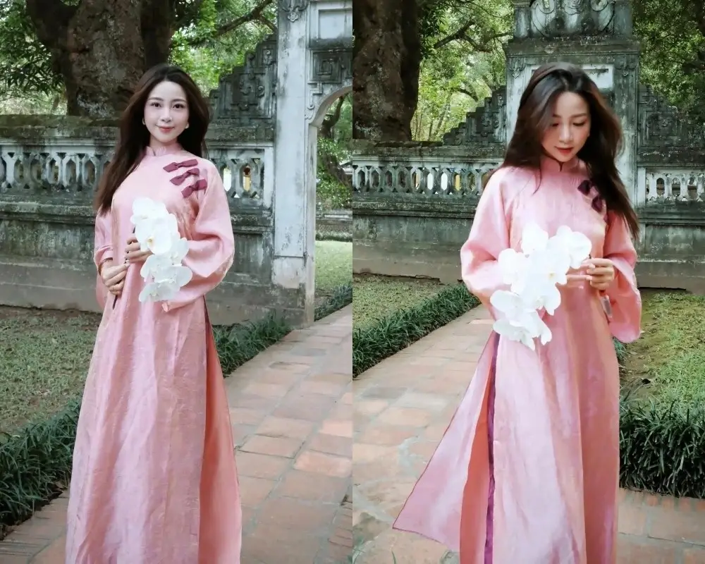 Phan Van Duc's Wife Stuns in Elegant Traditional Ao Dai Amidst Ancient Charm