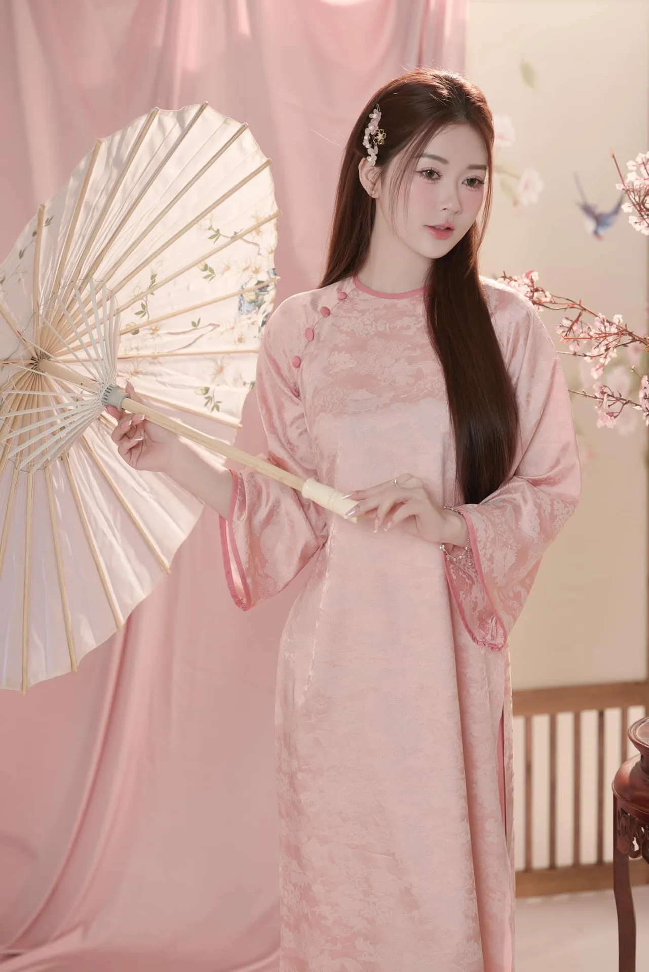 Graceful Muse in Pastel Pink Traditional Silk