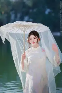 Enchanting East Asian Beauty: A Serene Muse in White Cheongsam under Soft Sunlight by the Lake. - image 3