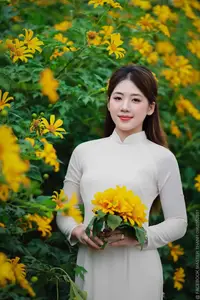 Radiant Youth: Vietnamese Girl in Elegant White Ao Dai Amidst Golden Blooms - image 11