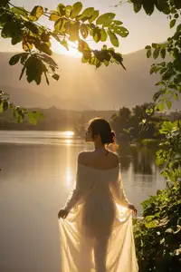 Golden Hour Serenity: Woman in White Dress Embracing Nature's Beauty by the Lake at Sunset. - image 5