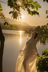 Golden Hour Serenity: Woman in White Dress Embracing Nature's Beauty by the Lake at Sunset. - image 7