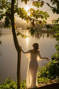 Golden Hour Serenity: Woman in White Dress Embracing Nature's Beauty by the Lake at Sunset. - image 1