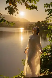 Golden Hour Serenity: Woman in White Dress Embracing Nature's Beauty by the Lake at Sunset. - image 4