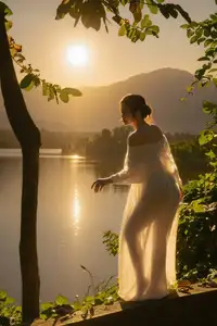 Golden Hour Serenity: Woman in White Dress Embracing Nature's Beauty by the Lake at Sunset. - image 0