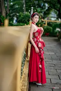 Elegant Asian Beauty in Red Dress Shines Gracefully Amidst a Traditional Garden 1000024509 - image 8