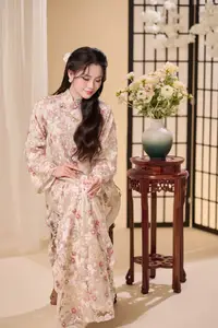 Graceful Vietnamese Woman Unveiled: Elegant Modern Ao Dai with Intricate Floral Patterns - image 8