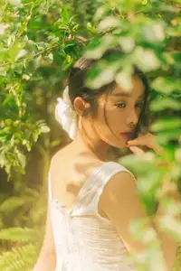 Dreamy Reflection: Girl in white dress finds gentle elegance in a garden mirror. - image 4