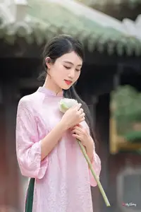 VGU No.163: The Graceful Beauty of a Vietnamese Girl in Traditional Pink Ao Dai Amidst Ancient Architecture - image 1