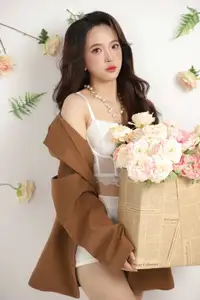 VGU No.177: Elegant Muse: Alluring Beauty in Brown Blazer & White Lace Amidst a Dreamy Floral Setting - image 0