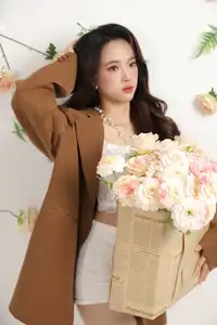 VGU No.177: Elegant Muse: Alluring Beauty in Brown Blazer & White Lace Amidst a Dreamy Floral Setting - image 4