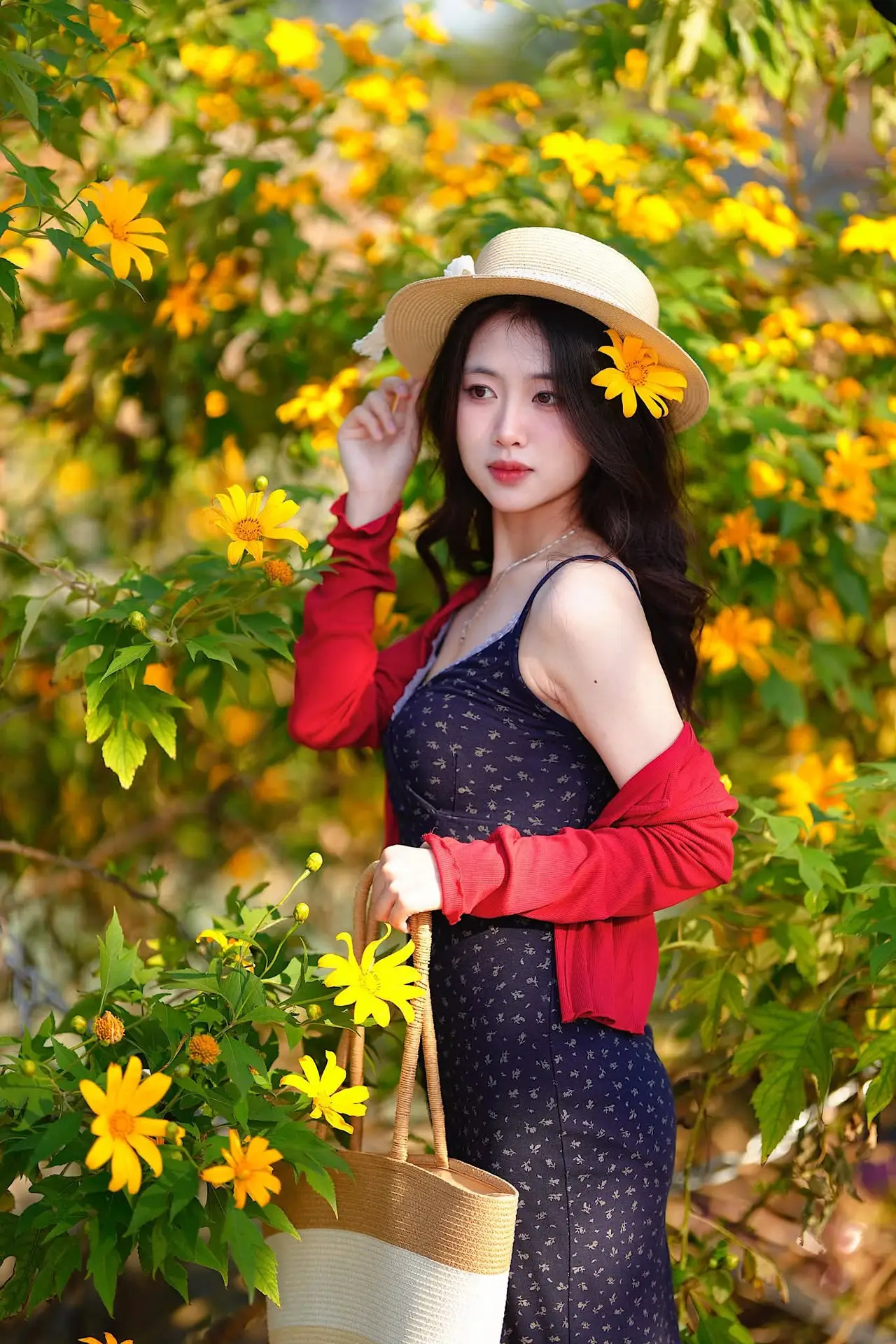 Elegant Asian Girl Portrait with Golden Flowers in Afternoon Sun 1000024552