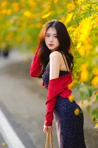 Elegant Asian Girl Portrait with Golden Flowers in Afternoon Sun 1000024552 - image 3