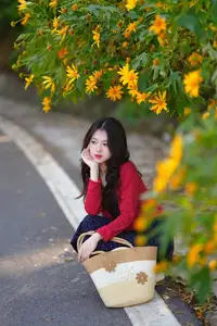 Elegant Asian Girl Portrait with Golden Flowers in Afternoon Sun 1000024552 - image 6