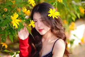Elegant Asian Girl Portrait with Golden Flowers in Afternoon Sun 1000024552 - image 4