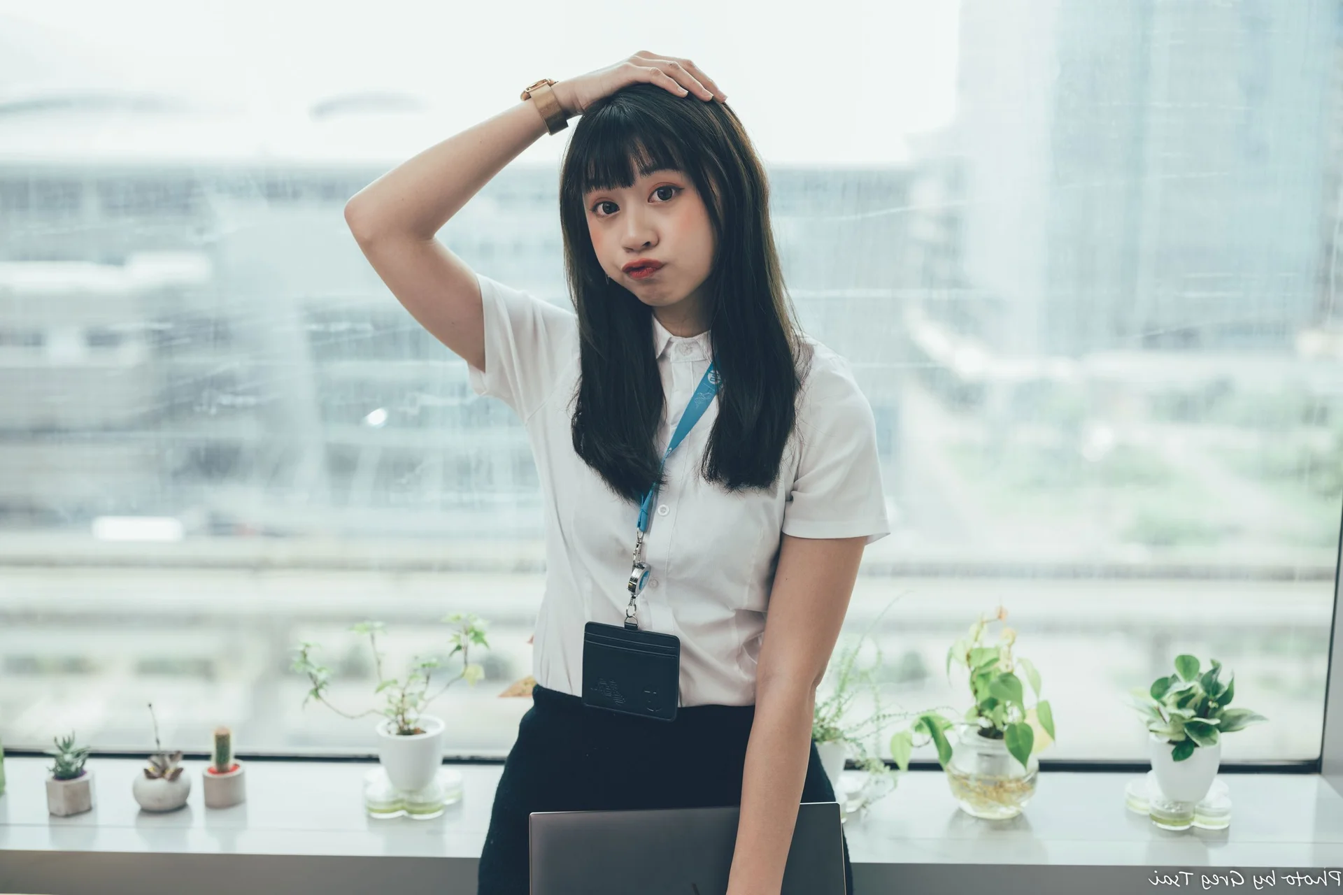 Sophisticated Office Lady Fashion: Ruoying in Elegant White Blouse, Black Pencil Skirt, and Sheer Stockings for a Professional Corporate Look