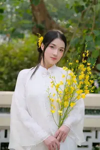Vietnamese Beauty: Elegant Girl in White Ao Dai, Conical Hat with Yellow Flowers in Ancient Garden - image 6