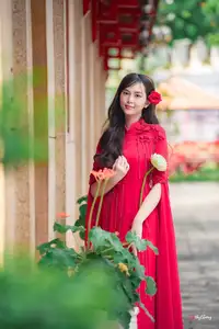 VGU No.188: Captivating Elegance: Vietnamese Beauty in Red Áo Dài with Sacred Lotus Flower. - image 9