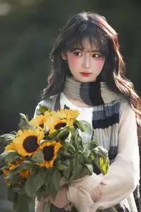 Youthful Beauty: A Gentle Girl Embracing Radiant Sunflowers - image 1