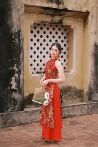 Graceful Asian Woman in Vibrant Red Floral Dress: Timeless Elegance by the Ancient Tree 1000024556 - image 5