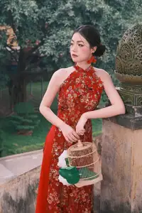 Graceful Asian Woman in Vibrant Red Floral Dress: Timeless Elegance by the Ancient Tree 1000024556 - image 8
