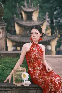 Graceful Asian Woman in Vibrant Red Floral Dress: Timeless Elegance by the Ancient Tree 1000024556 - image 6