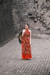 Graceful Asian Woman in Vibrant Red Floral Dress: Timeless Elegance by the Ancient Tree 1000024556 - image 7