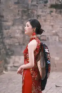 Graceful Asian Woman in Vibrant Red Floral Dress: Timeless Elegance by the Ancient Tree 1000024556 - image 3