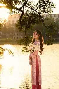 Gentle Vietnamese Beauty: Pink Ao Dai by the Lake, with Pure Lilies - image 6