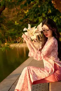 Gentle Vietnamese Beauty: Pink Ao Dai by the Lake, with Pure Lilies - image 12