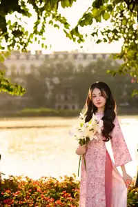 Gentle Vietnamese Beauty: Pink Ao Dai by the Lake, with Pure Lilies - image 8