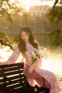 Gentle Vietnamese Beauty: Pink Ao Dai by the Lake, with Pure Lilies - image 16