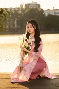 Gentle Vietnamese Beauty: Pink Ao Dai by the Lake, with Pure Lilies - image 17