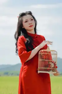 Discover the Serene Beauty: Vietnamese Girl in Red Ao Dai Amidst Green Rice Fields - image 19