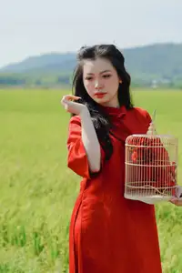 Discover the Serene Beauty: Vietnamese Girl in Red Ao Dai Amidst Green Rice Fields - image 3
