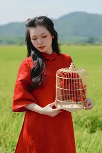Discover the Serene Beauty: Vietnamese Girl in Red Ao Dai Amidst Green Rice Fields - image 5