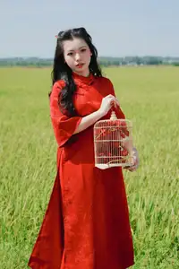 Discover the Serene Beauty: Vietnamese Girl in Red Ao Dai Amidst Green Rice Fields - image 13