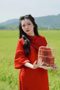 Discover the Serene Beauty: Vietnamese Girl in Red Ao Dai Amidst Green Rice Fields - image 11