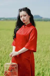 Discover the Serene Beauty: Vietnamese Girl in Red Ao Dai Amidst Green Rice Fields - image 1