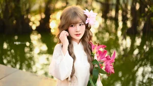 Poetic Muse in White Dress with Pink Lilies - image 0