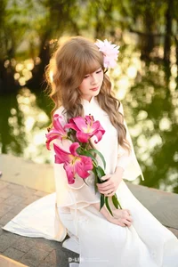 Poetic Muse in White Dress with Pink Lilies - image 5