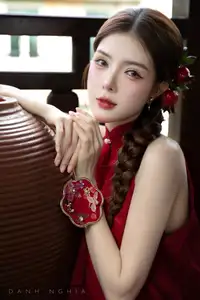 Captivating Asian Girl in Red: Serene Lotus & Rustic Wooden Stairs Scene - image 7