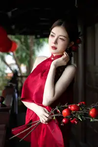 Captivating Asian Girl in Red: Serene Lotus & Rustic Wooden Stairs Scene - image 1