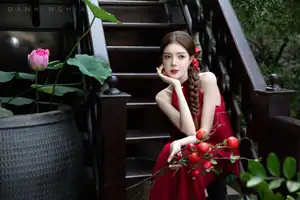 Captivating Asian Girl in Red: Serene Lotus & Rustic Wooden Stairs Scene - image 5