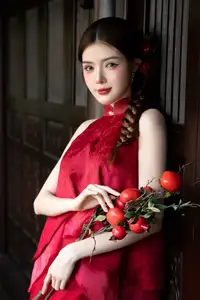 Captivating Asian Girl in Red: Serene Lotus & Rustic Wooden Stairs Scene - image 0