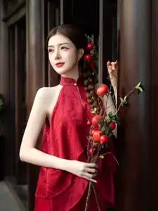 Captivating Asian Girl in Red: Serene Lotus & Rustic Wooden Stairs Scene - image 6