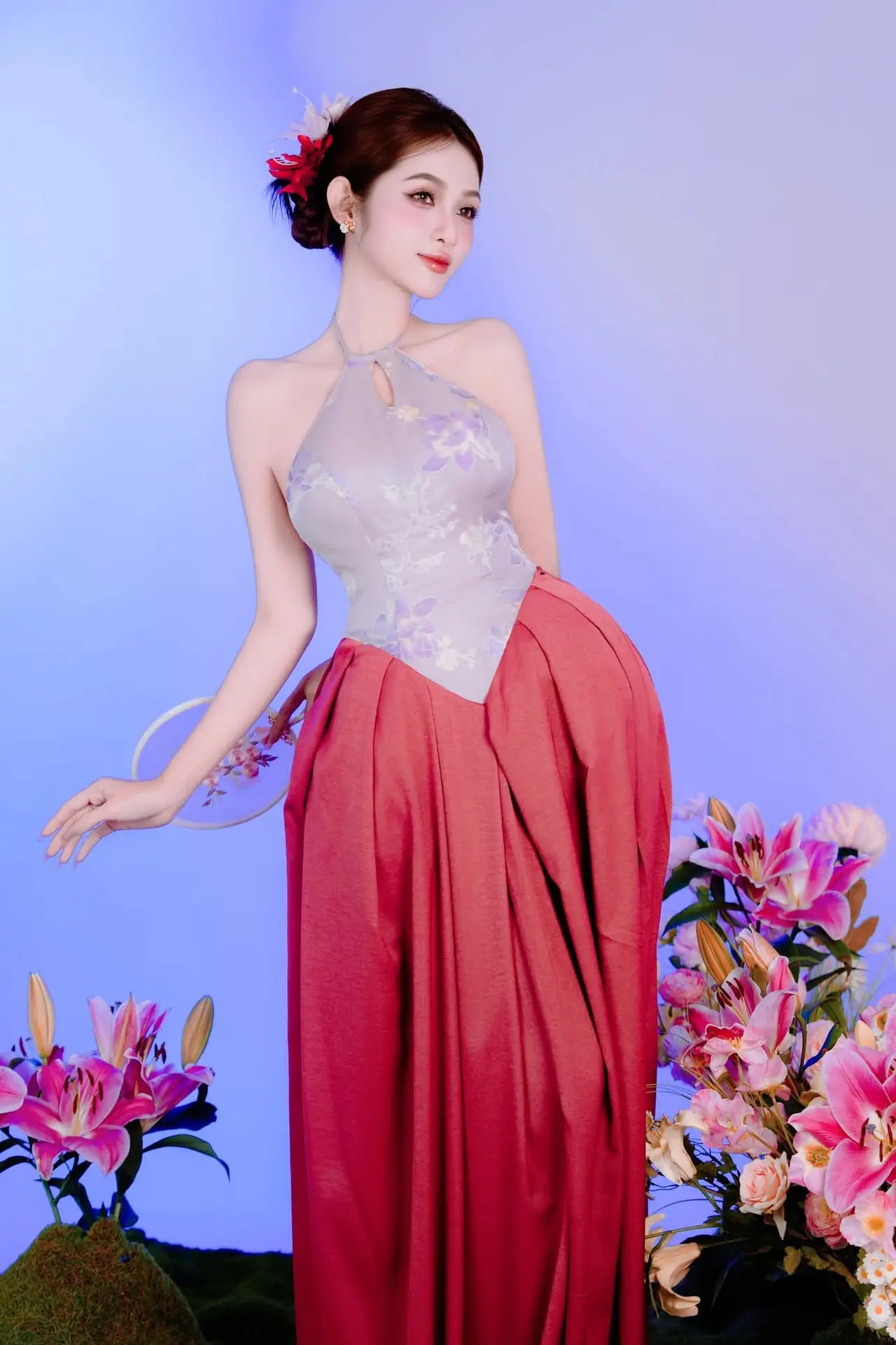 Elegant Beauty: Graceful Vietnamese Young Woman in Modern Attire with Lilies
