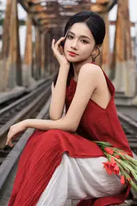 Gentle Vietnamese Girl in Red by Old Railway Bridge: Elegant Asian Beauty - image 5