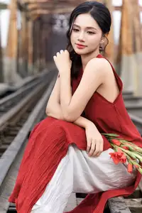 Gentle Vietnamese Girl in Red by Old Railway Bridge: Elegant Asian Beauty - image 1